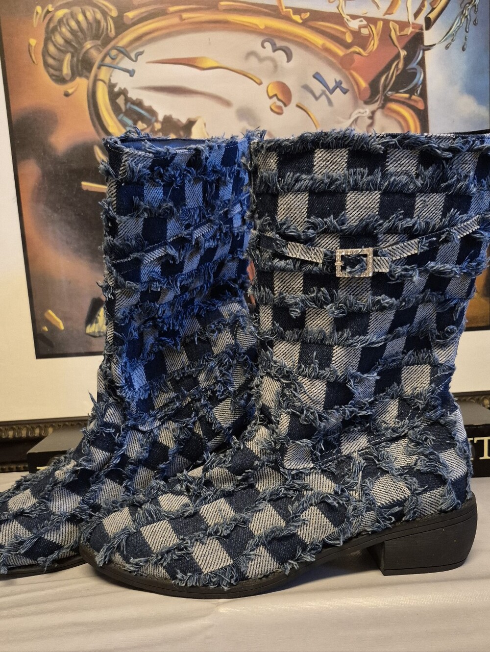 New Without Tags Blue Denim Fringe Boots W/Rhinestone Accents Size 9.5 - Picture 2 of 12